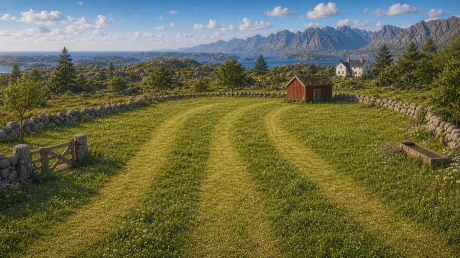 Jordet på Maram, med steingarder, det røde skjulet og fjorden.
