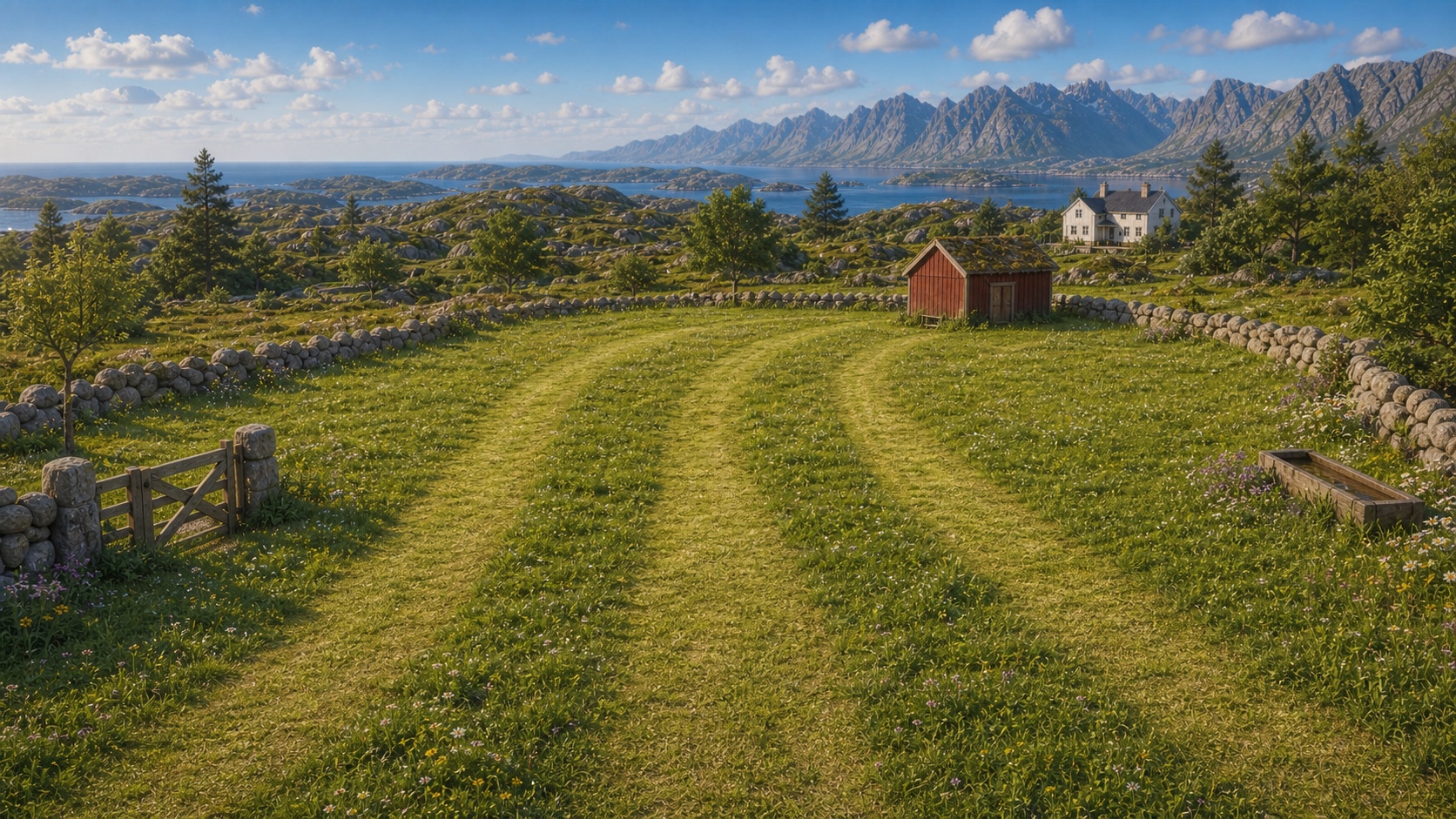 Det grønne jordet med tre slåtte kjørestriper, steingarder, gårdsskjul, fjord og fjell.