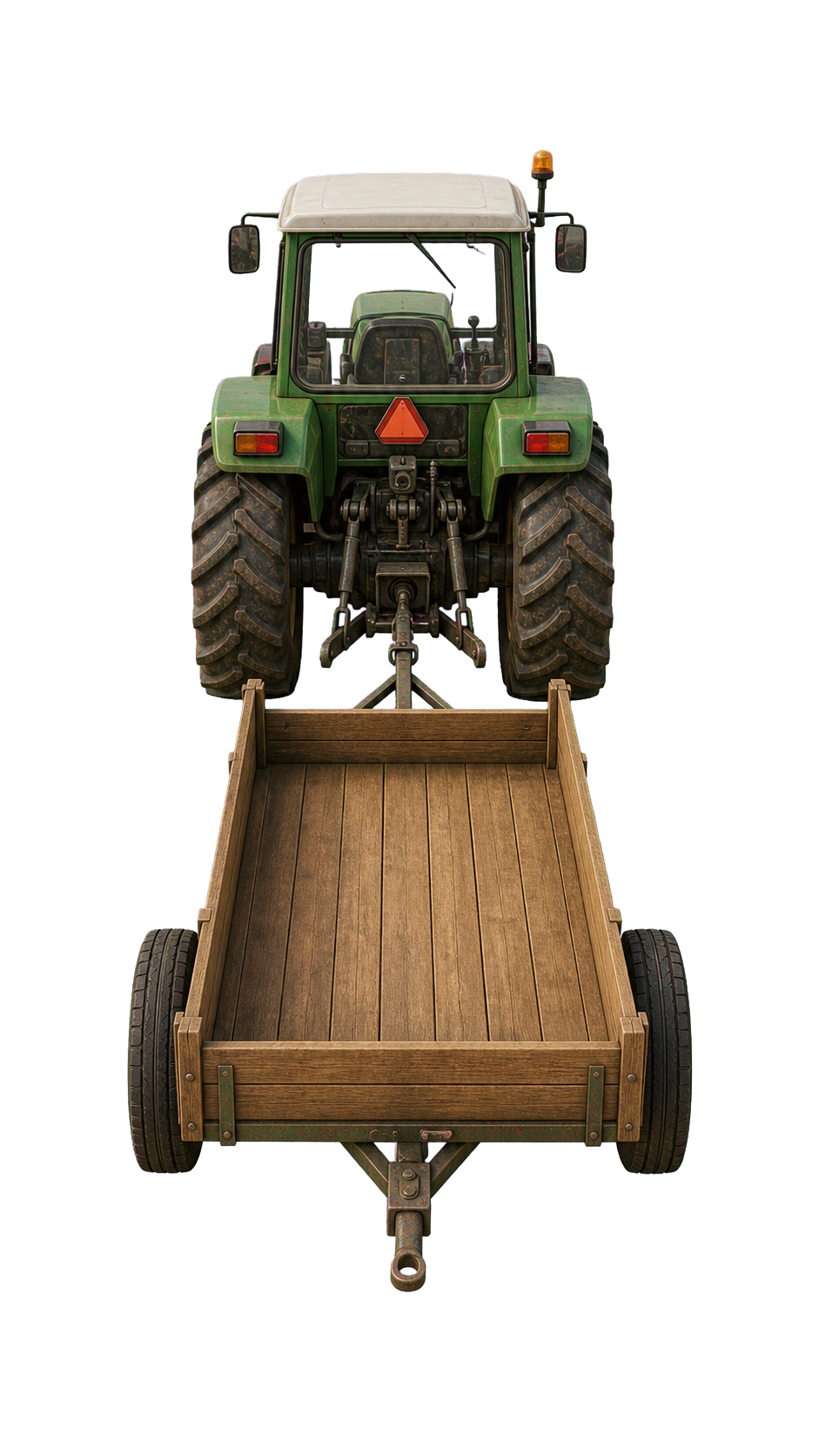Grønn traktor med tom rundballehenger, sett bakfra.