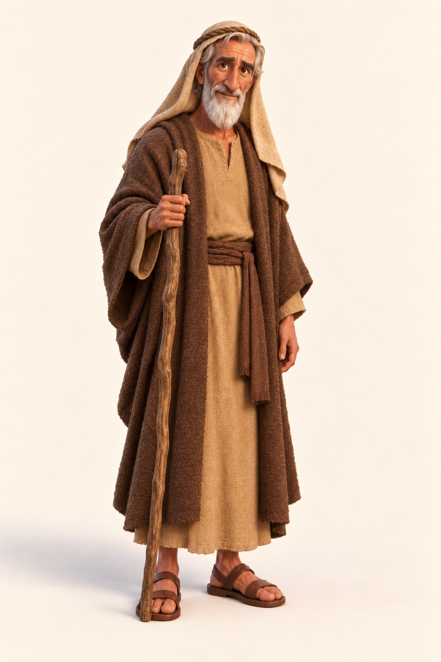 Abraham med hvitt skjegg, vandringsstav, grov brun ullkappe og sandfarget hodeklede.