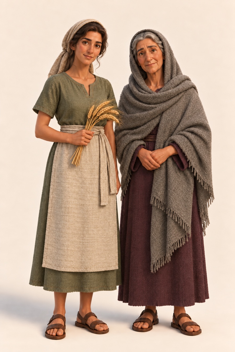 Rut med enkelt samlet hår, grønn kjole, lyst forkle og kornaks, sammen med gråhårede Noomi i stort grått sjal.