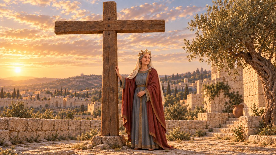 Den hellige Helena med gullkrone, grått hår og rød kappe, ved siden av et stort trekors nær Jerusalem.