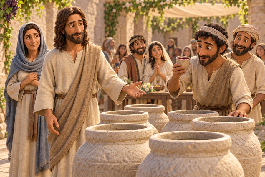 Jesus og Maria er ved seks store steinkar under bryllupet i Kana. En tjener holder et beger med vin og smaker.