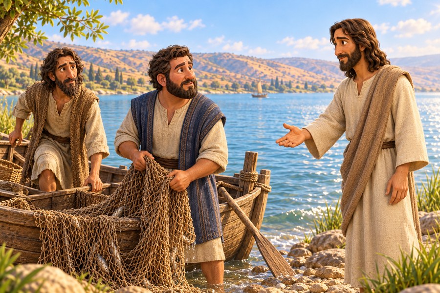 Jesus kaller Peter og Andreas ved sjøen, med fiskegarn i hendene deres og en båt ved bredden.