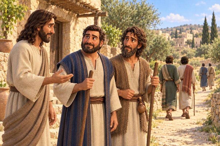 Jesus sender apostlene av sted to og to på en sti mellom landsbyer, med en liten oljeflaske blant reisetingene.