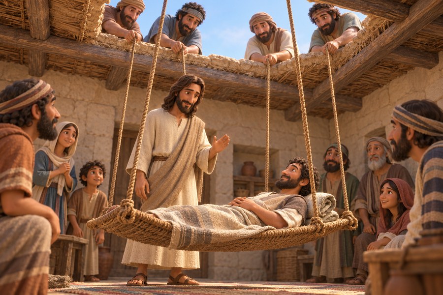 En mann på en båre senkes varsomt gjennom en åpning i taket foran Jesus i et fullt hus.