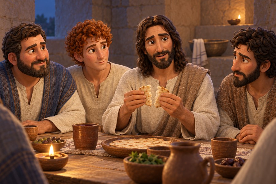 Jesus har brødet foran seg ved bordet sammen med Peter, Johannes og Thomas. Et beger står på bordet.