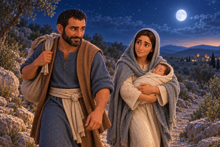 Josef leder Maria og Jesusbarnet gjennom et landskap i nattelys på flukt mot Egypt.