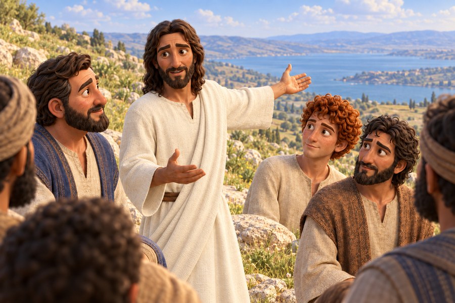 Et utsnitt av disippelfellesskapet på fjellet i Galilea viser Jesus som taler til Peter, Johannes og Thomas, med vidt landskap bak dem.