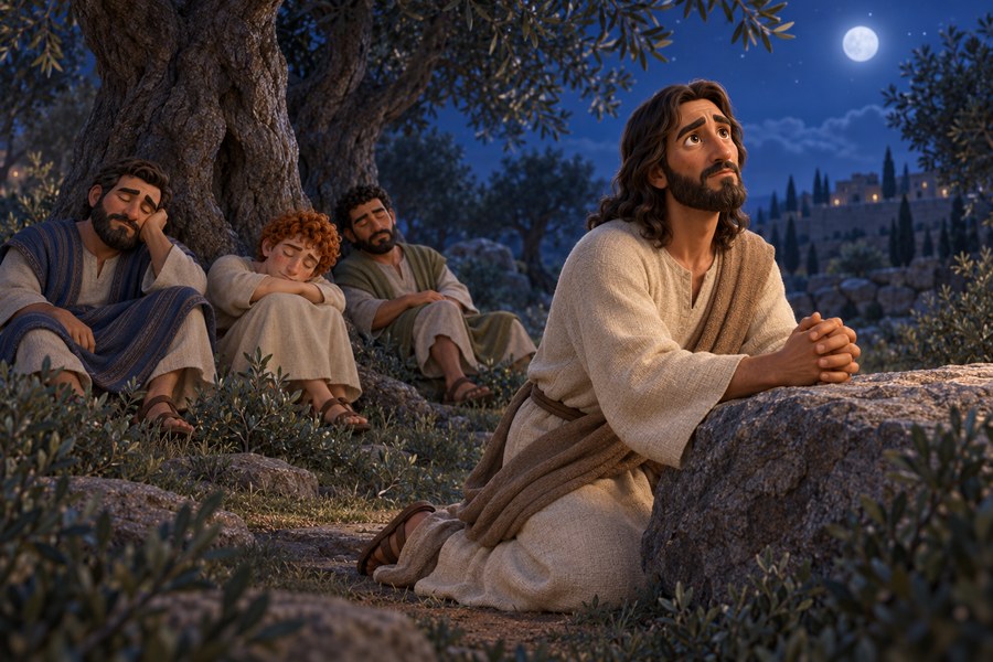 Jesus kneler i bønn mellom oliventrær i Getsemane, med tre sovende disipler et stykke unna.