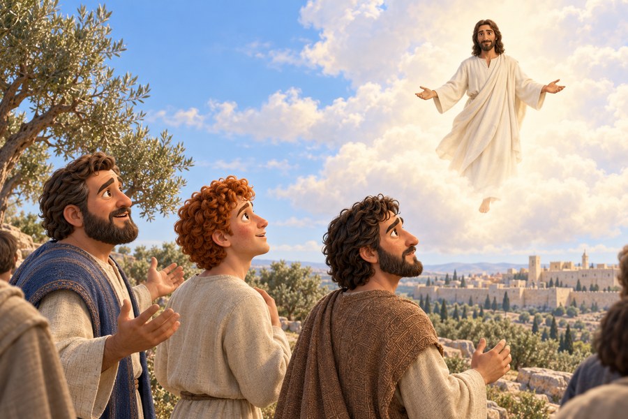 Jesus løftes inn i en lysende sky ved Jerusalem. Peter, Johannes og Thomas ser opp, i et utsnitt av den større disippelflokken.