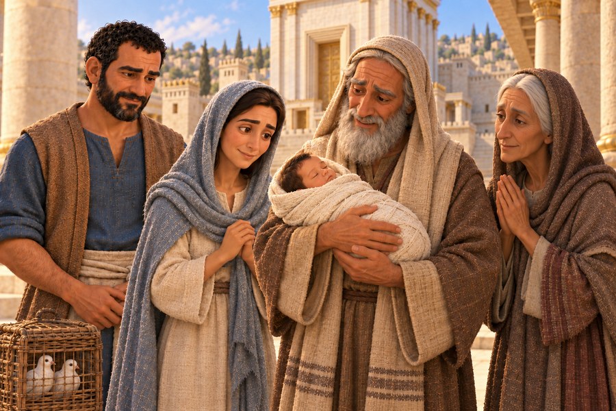 Simeon holder det lille Jesusbarnet i tempelet. Maria, Josef og den eldre Anna står nær og ser på ham.