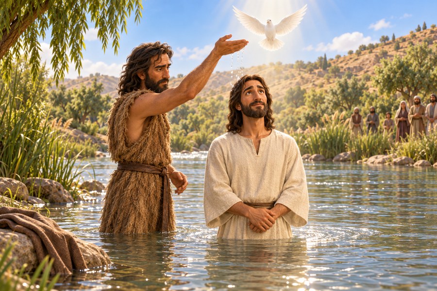 Johannes døper den voksne Jesus i Jordanelven, med en due over vannet og lys fra himmelen.