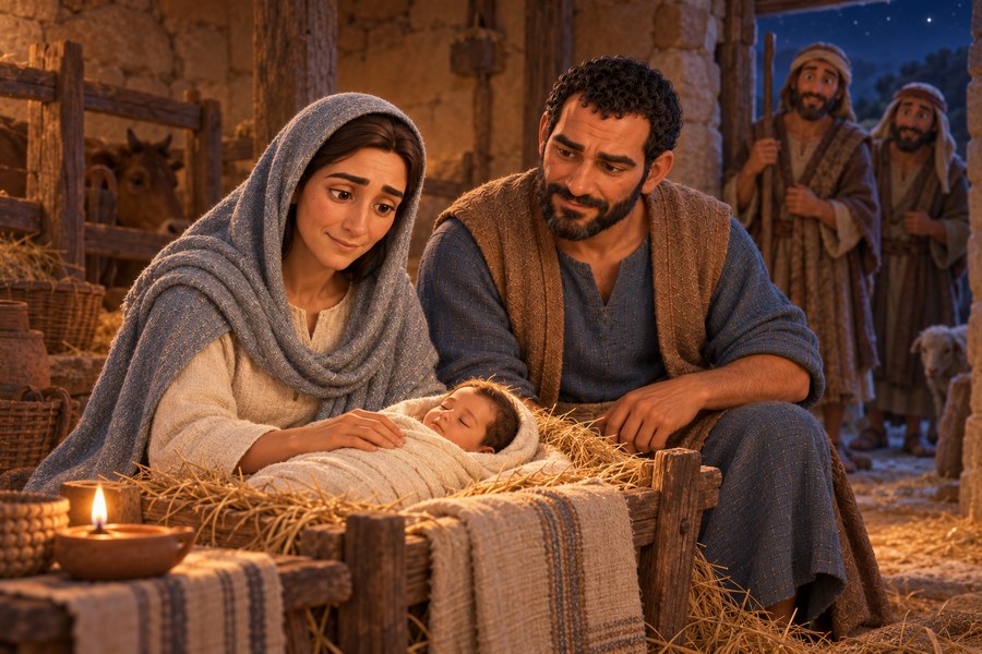 Maria og Josef våker over Jesus i en krybbe mens gjetere kommer inn til dem i en enkel stall.