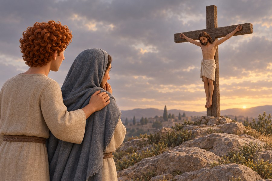 Jesus henger på korset. Maria og den elskede disippelen står nedenfor.