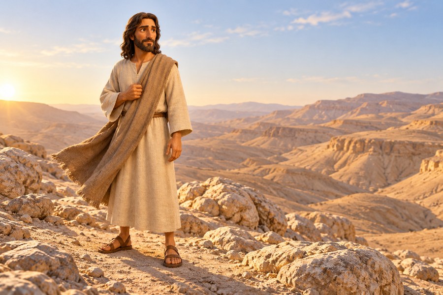 Jesus står i et tørt ørkenlandskap med steiner og høye klipper, konsentrert og rolig.