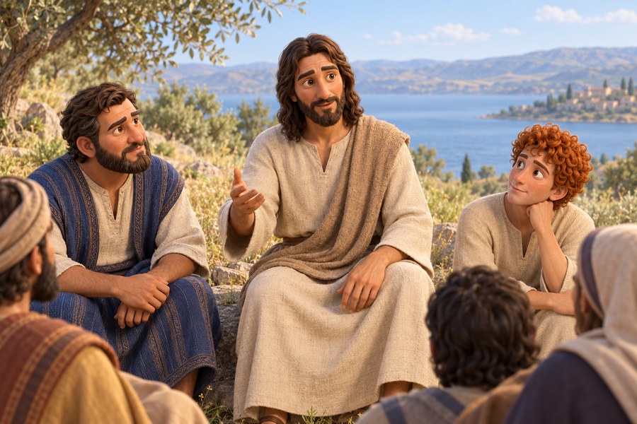 Jesus sitter på en høyde og lærer disiplene om bønn. Peter og Johannes lytter oppmerksomt.