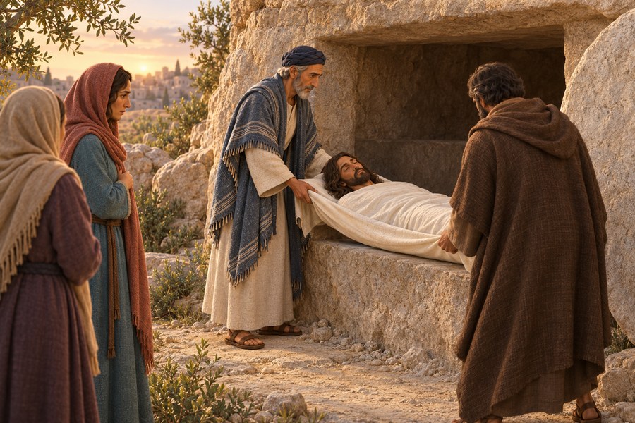 Josef fra Arimatea og Nikodemus legger Jesu tildekkede kropp varsomt på en hylle i graven, mens Maria Magdalena og en annen kvinne ser på.