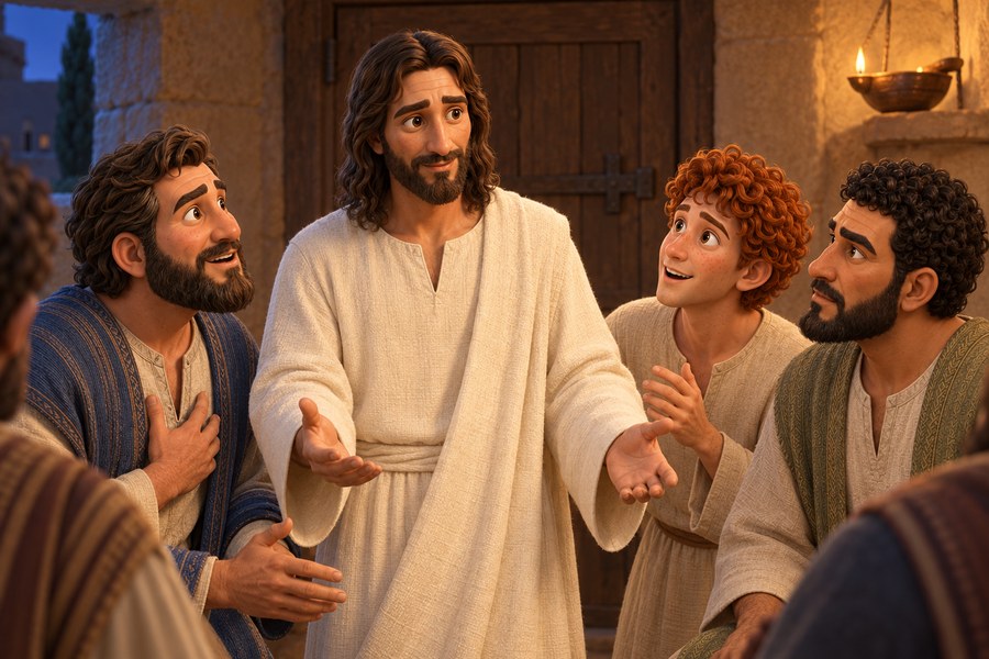 Den oppstandne Jesus står blant glade og forundrede disipler i et rom med lukket dør, uten Thomas.