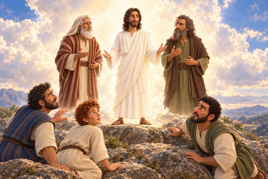 Jesus stråler i hvite klær på fjellet med Moses og Elia, mens Peter, Jakob og Johannes ser mot ham.