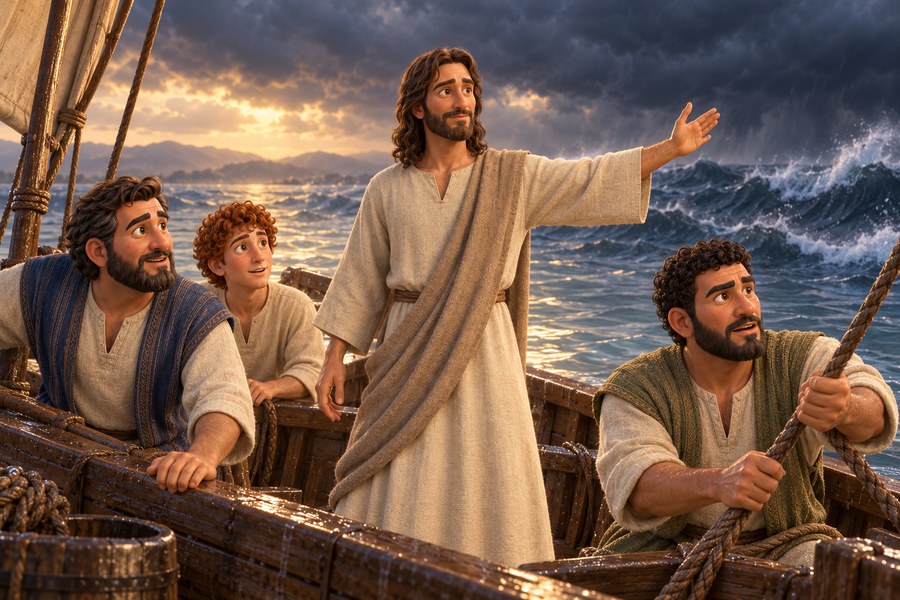 Jesus står i fiskebåten med hånden løftet mens bølgene legger seg. Disiplene ser forundret på ham.