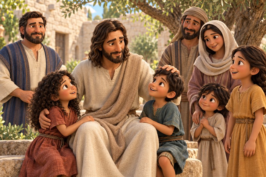 Jesus sitter i høyde med flere barn og velsigner dem, mens familiene og disiplene står i nærheten.