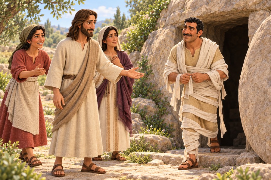 Lasarus kommer levende ut av graven mens Jesus står foran ham og Marta og Maria ser på, uten skremmende detaljer.