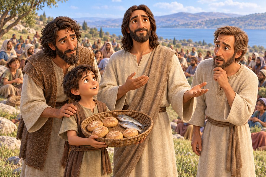 Jesus takker over fem brød og to fisker, med gutten og Andreas nær og folkemengden sittende på gresset.