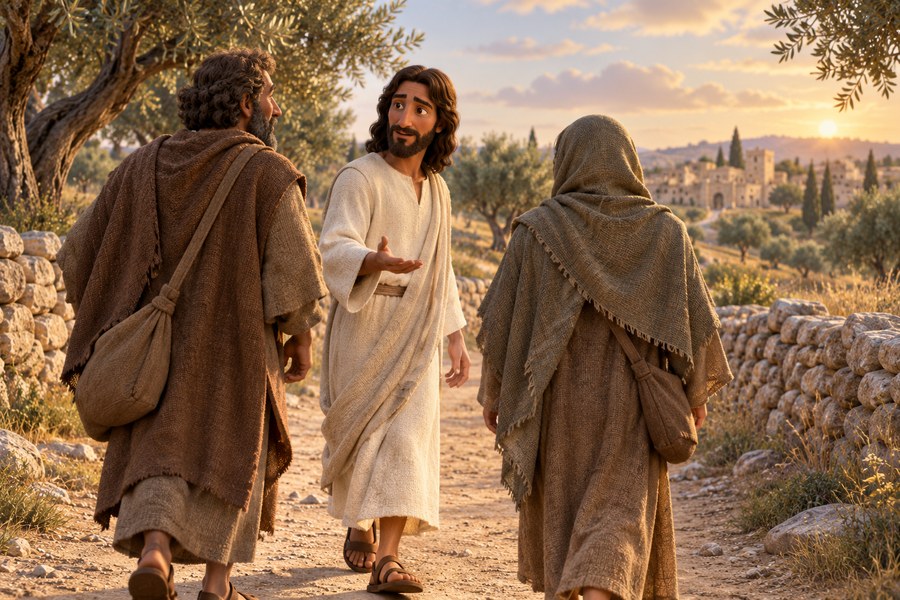 Jesus går på veien til Emmaus mellom to disipler og forklarer Skriftene mens de lytter.