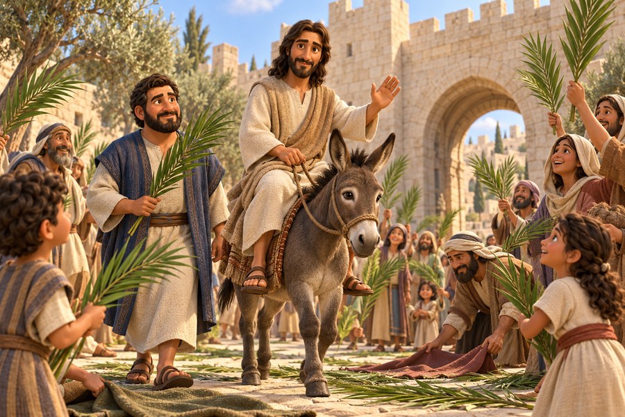 Jesus rir på et eselføll mot Jerusalem mens barn og voksne tar imot ham med palmegrener og kapper på veien.