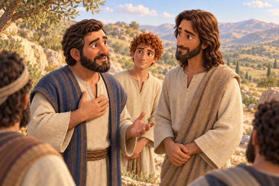 Peter står foran Jesus og bekjenner troen mens de andre disiplene lytter i et åpent landskap.