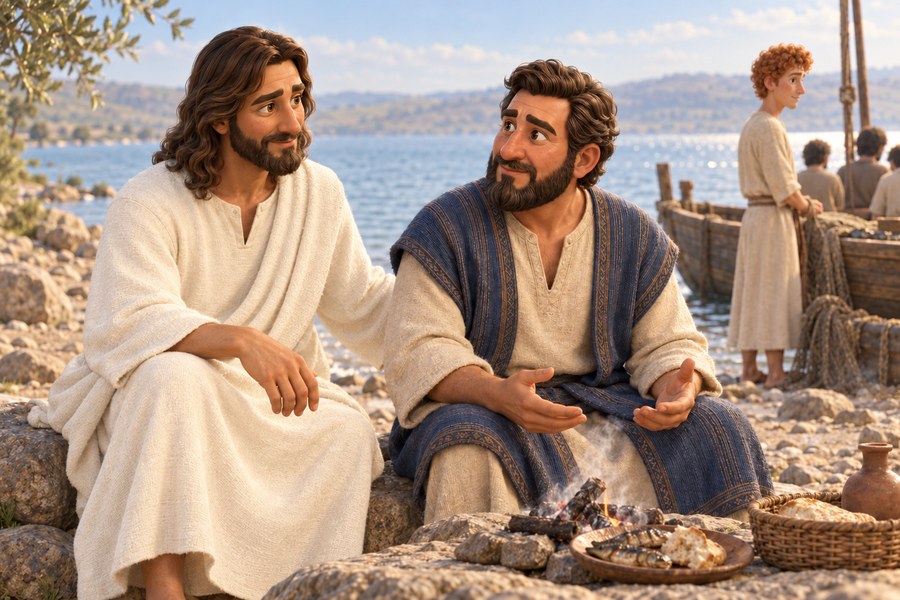 Jesus og Peter snakker sammen ved sjøbredden etter måltidet, med en liten ild og de andre disiplene i bakgrunnen.