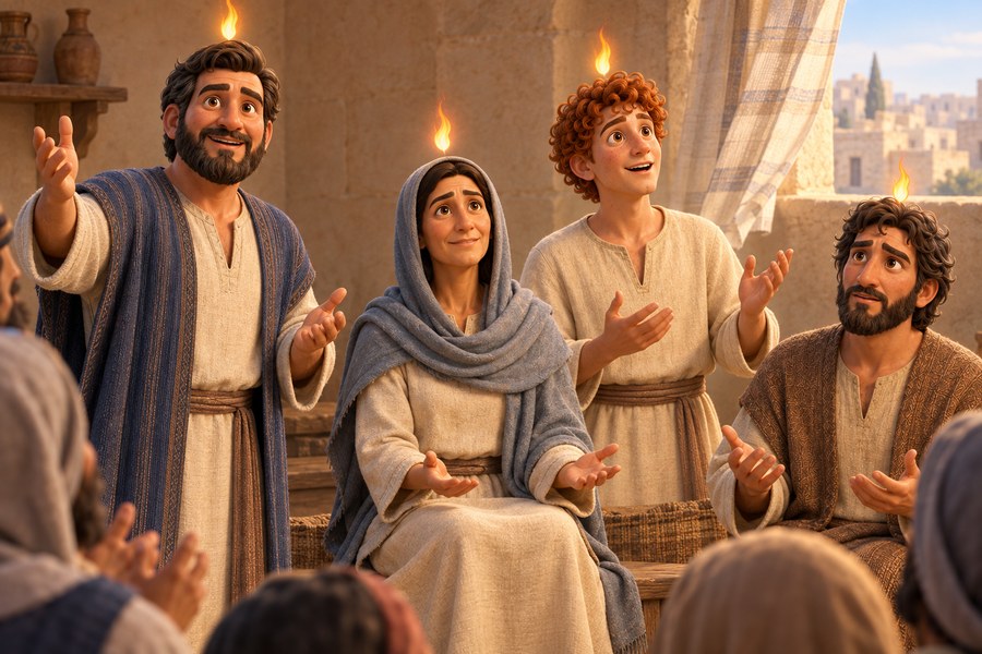 Maria, Peter, Johannes og Thomas er samlet med de andre i bønn, med små tunger som av ild over seg og åpne, undrende ansikter.