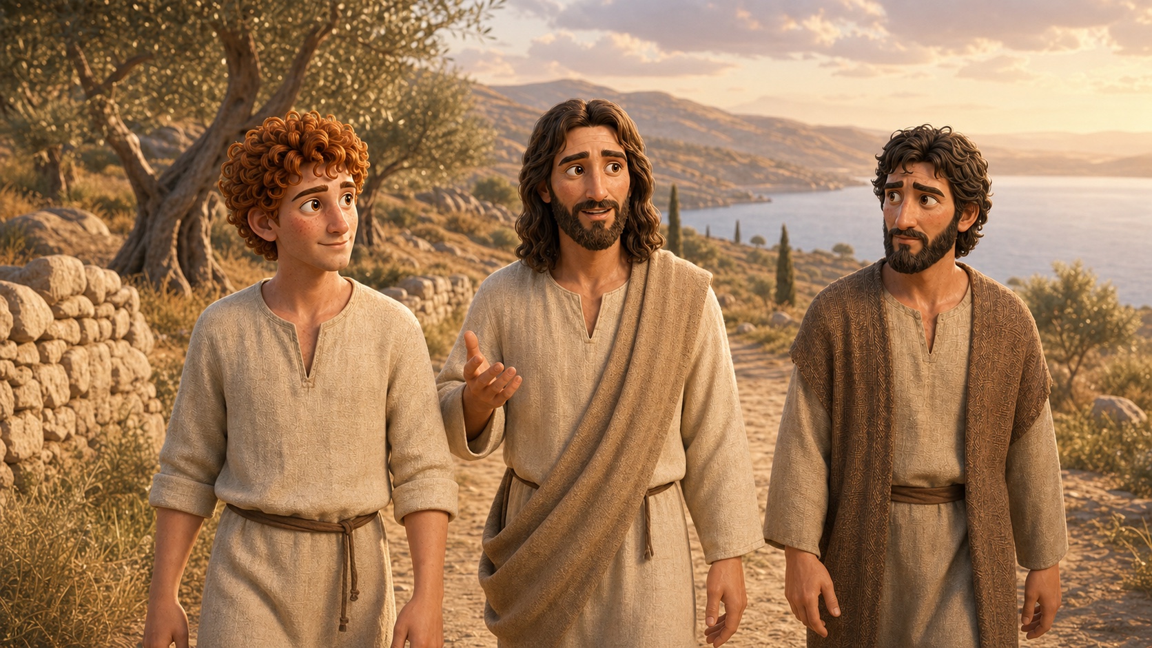 Jesus går langs Galileasjøen sammen med Johannes og Thomas i varmt morgenlys.