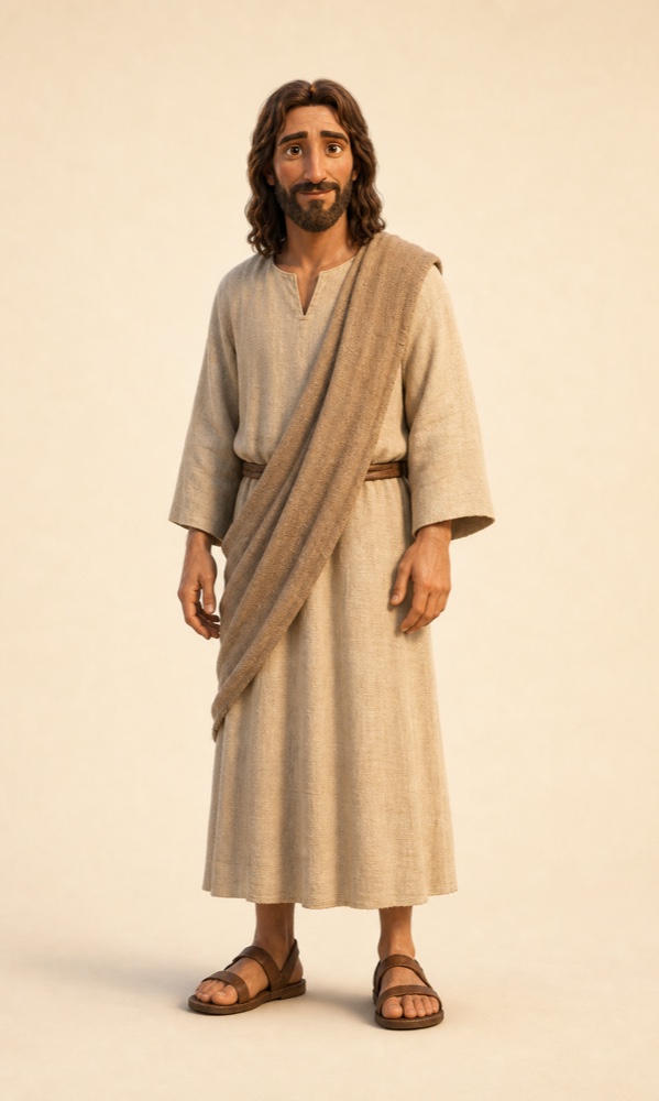 Jesus i lys tunika og sandfarget kappe, fremstilt varmt og barnevennlig.