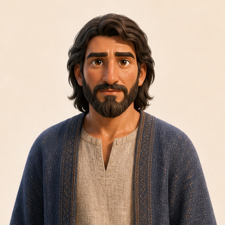 Den hellige Judas Taddeus med mørkt bølget hår og marineblå kappe.