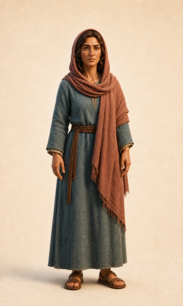 Maria Magdalena i blågrønn kjole og terrakottafarget sjal.