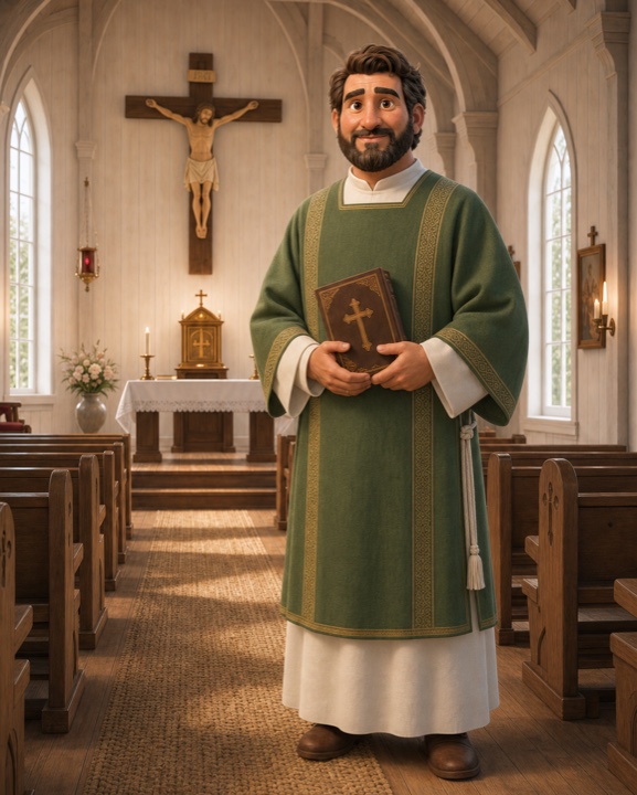 Diakon med evangelieboken, alba og grønn dalmatika.