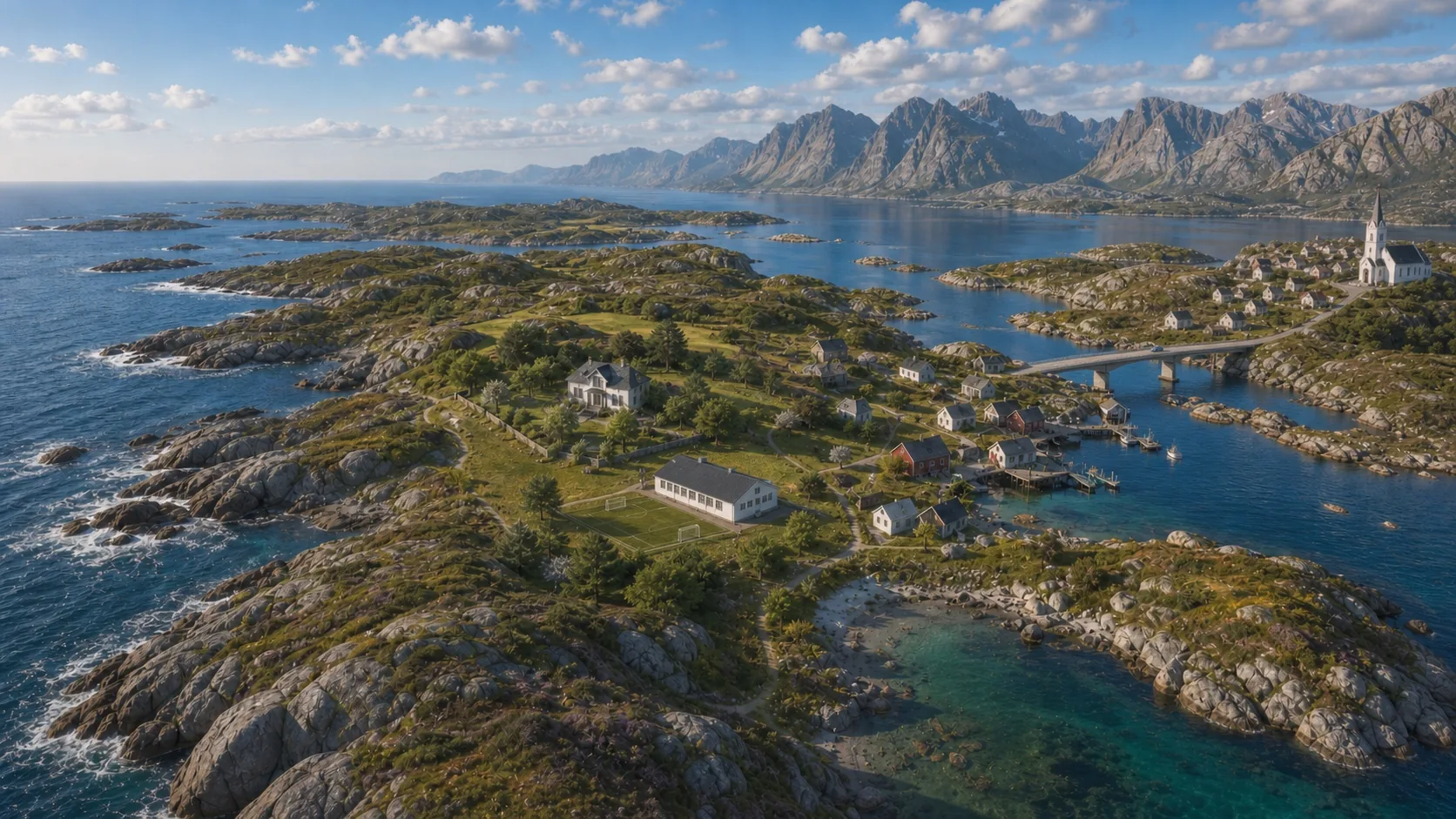 Øya Maram sett fra luften med det hvite huset, skolen, havna, familiefjæra og brua mot byen og den katolske kirken.
