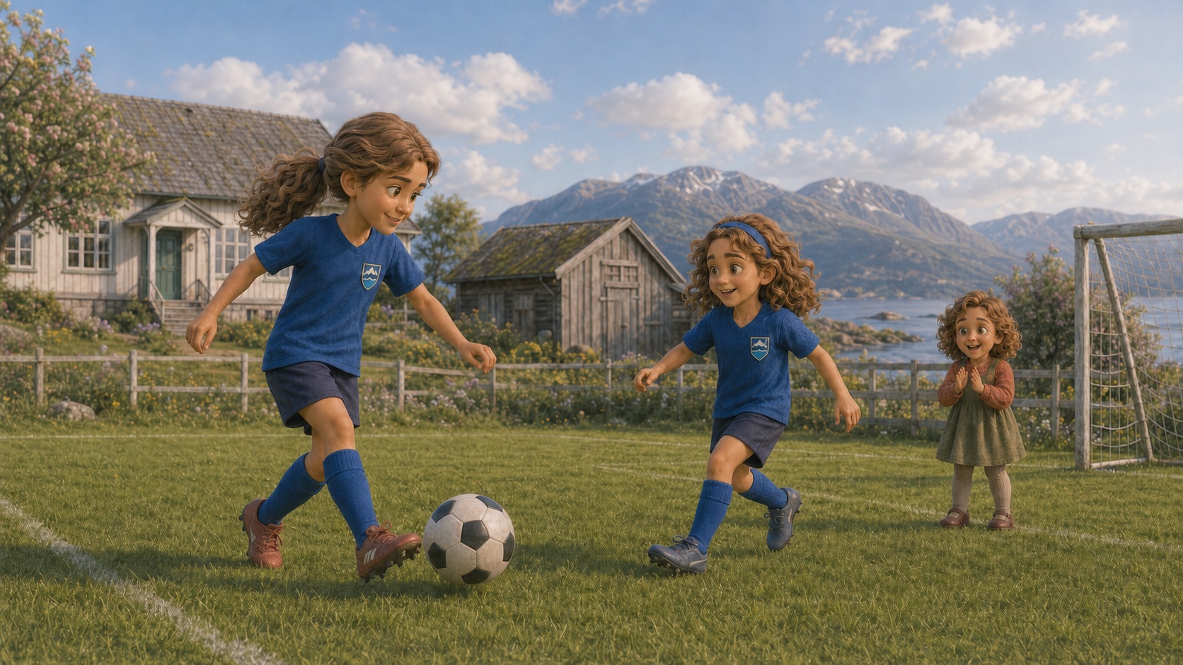 Rita og Sunniva trener i de blå Maram FK-draktene mens Teresa heier.