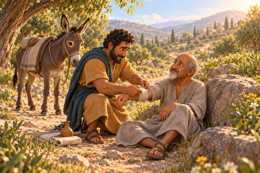 En samaritan kneler og legger en bandasje på armen til en skadd reisende. Et esel står rolig ved siden av.
