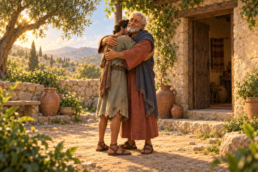 En eldre far omfavner sin voksne sønn utenfor et enkelt hus. Sønnen har slitte reiseklær.