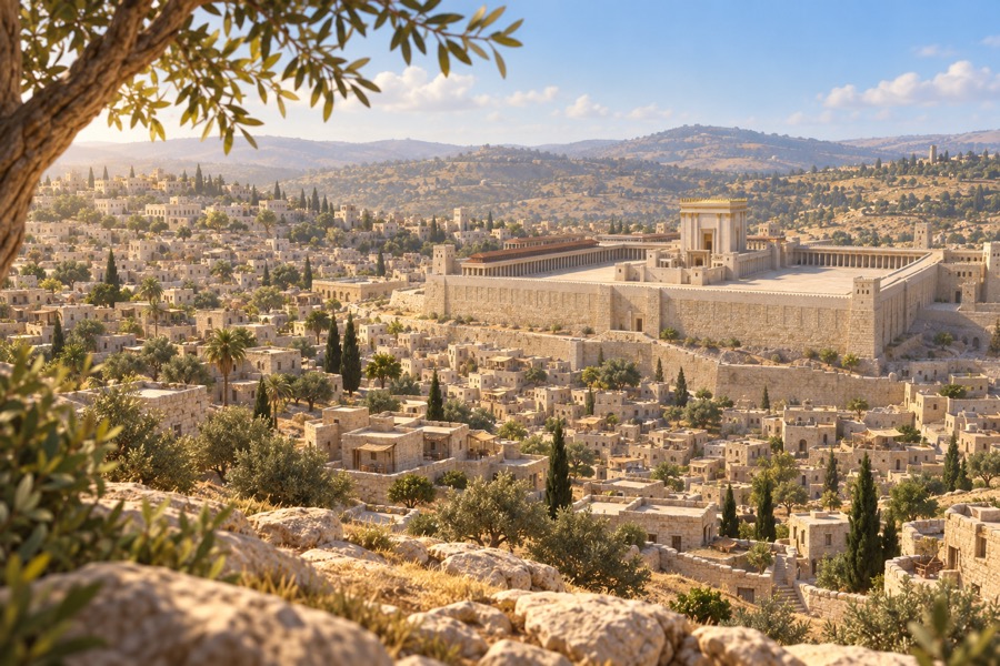 En vid utsikt over lave steinhus i kupert terreng, med tempelanlegget som landemerke, som en kunstnerisk fremstilling av Jerusalem på Jesu tid.