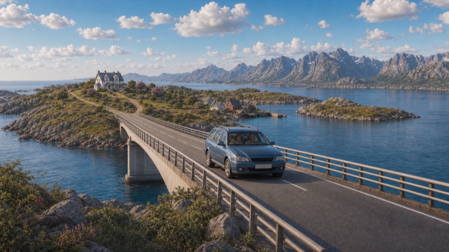 Familiebilen kjører over brua fra Maram mot fastlandet, med øya og huset bak.