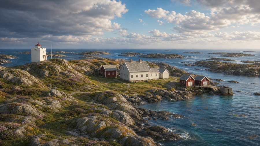 Det hvite fyrtårnet på Marams ytterkyst i klart vær.