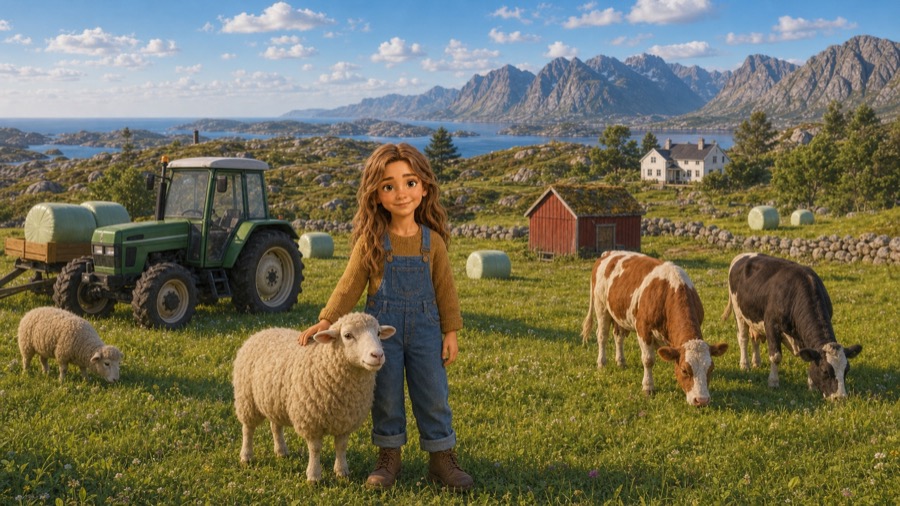 Rita står sammen med sauer og kyr på jordet, med en grønn traktor, rundballer og Sunnmørsalpene bak.