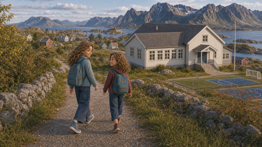 Rita og Sunniva går mot den lille skolen med hver sin skolesekk.