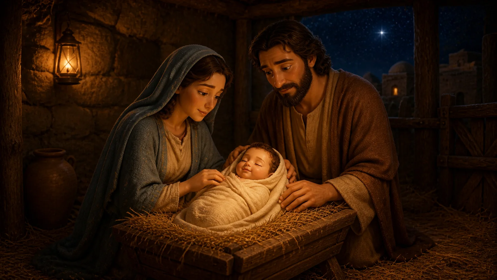 Jesusbarnet i krybben, med Maria og Josef.