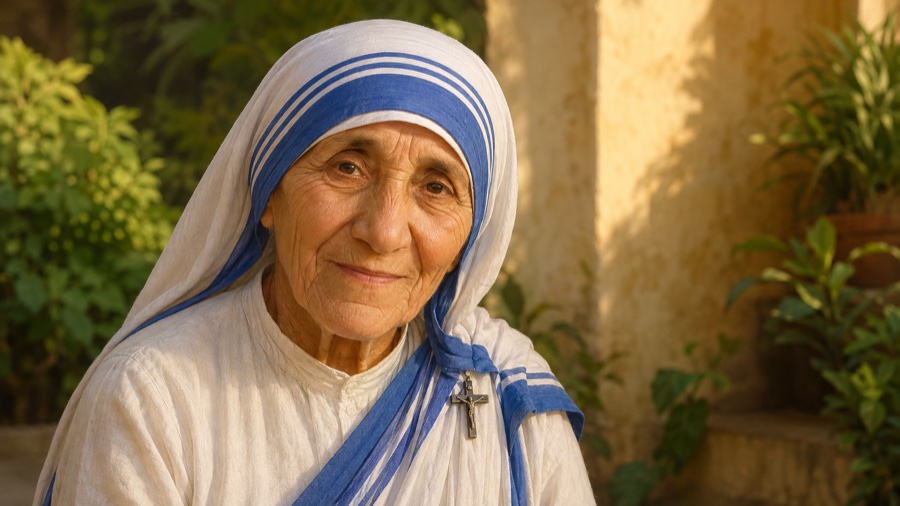 Portrett av den hellige Mor Teresa i hvit sari med blå striper, med et varmt smil og grønt hagemiljø i bakgrunnen.