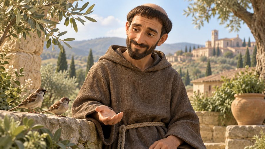 Frans av Assisi står i en solfylt hage i enkel munkedrakt, med små fugler ved siden av seg.